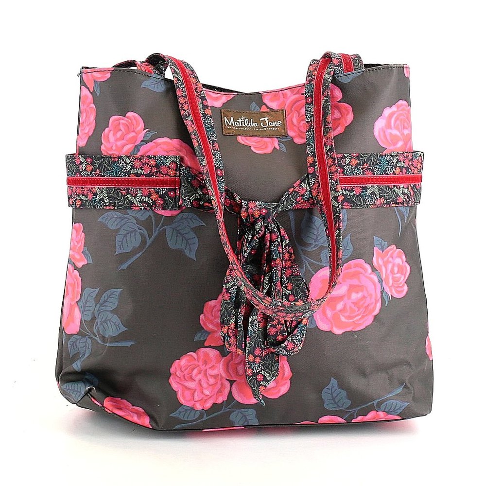*Matilda Rose Black and Pink Rose Motif Floral Handle Tote Bag